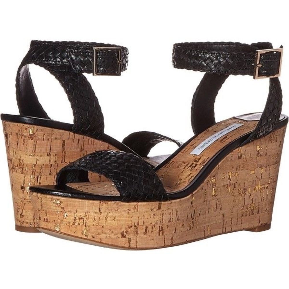 Dvf wedges: black leather strap, gold and cork wedges